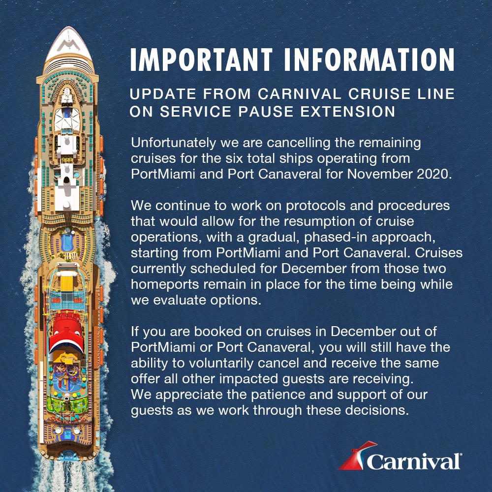 Carnival Cruise Line Cancels Miami and Port Canaveral Cruises for November 2020