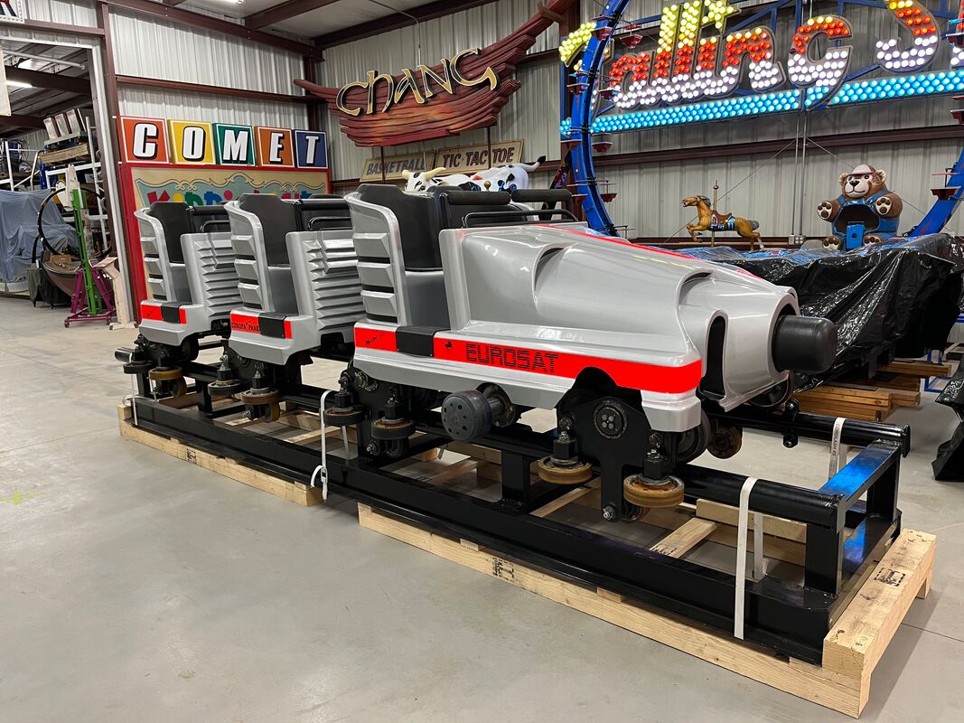 EUROSAT RIDE VEHICLE DONATED BY MACK RIDES AND EUROPA-PARK ARRIVES AT NATIONAL ROLLER COASTER MUSEUM